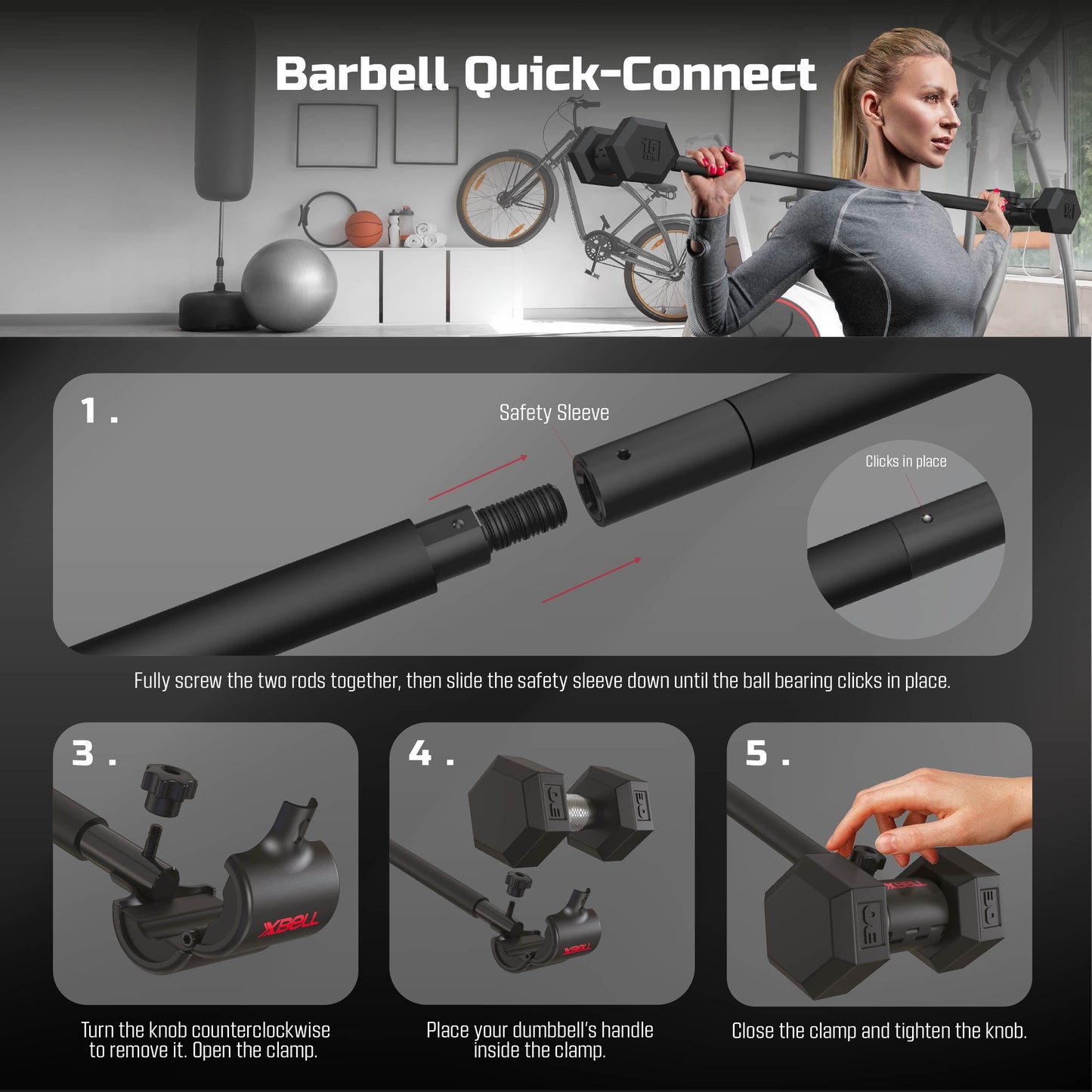 X-Bell System Dumbbells to Barbell Converter, Dumbbell to Curl Bar, Macebell and Kettlebell Handle