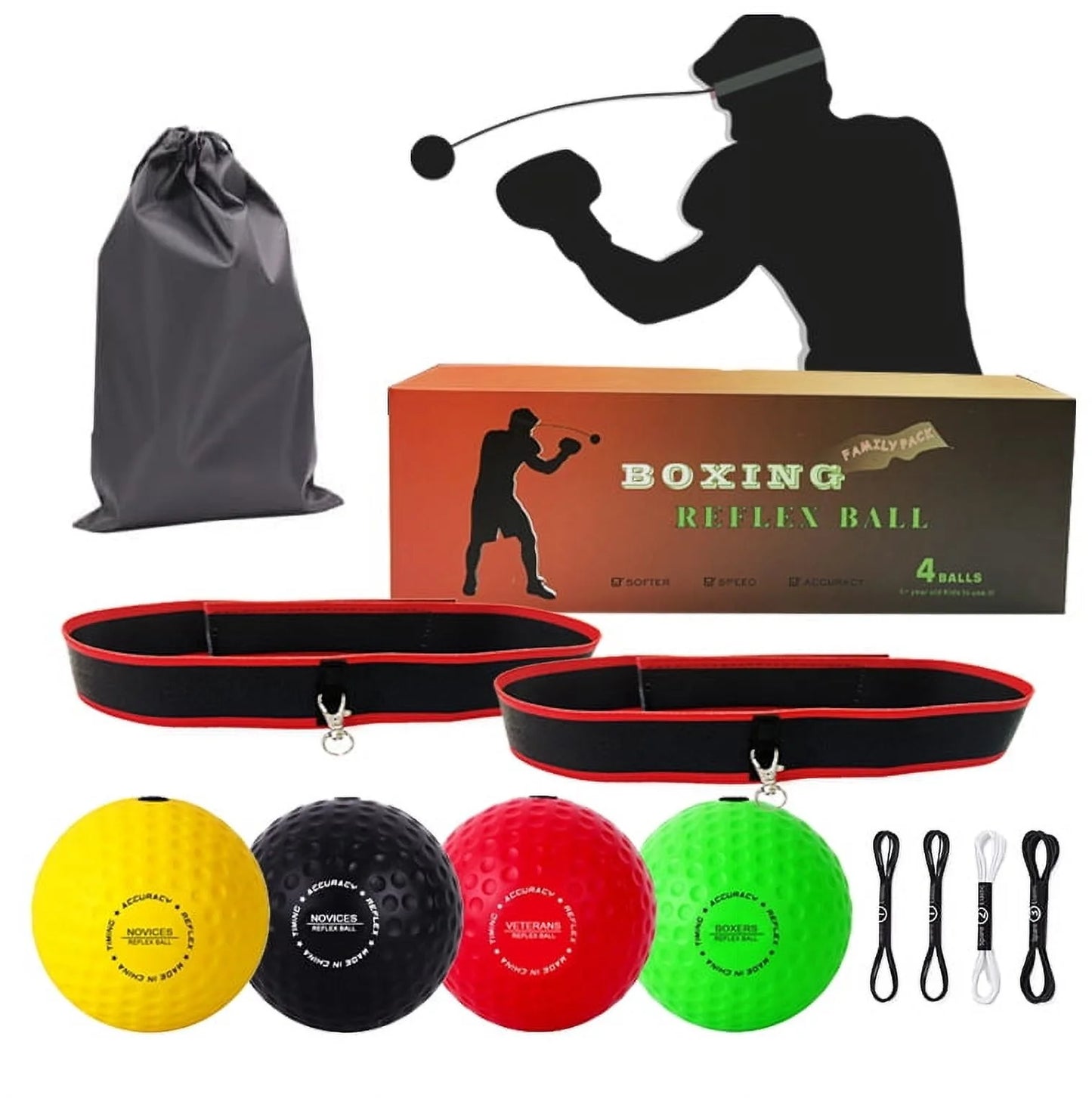 Boxing Reflex Ball Set - Includes 4 Different Balls and 2 Adjustable Headbands, Great for Reflex, Timing, Accuracy, Focus and Hand Eye Coordination Training for Boxing, MMA and Krav Mega